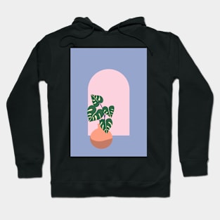 Monstera plant and arched window - blue Hoodie